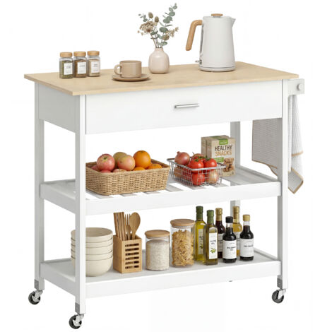 Meuble de cuisine roulant avec rangement, îlot de cuisine mobile avec grand plan de travail, tiroir, 2 étagères ouvertes, porte-serviettes, Blanc