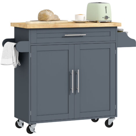 Meuble de Cuisine Roulant avec Tiroir, Étagère Réglable et Porte-Épices, Rangement Mobile avec Planche en Bois et Porte-Serviettes, 109x40x89 cm, Gris