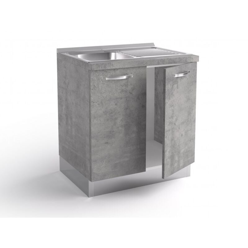 Base sous l'évier de cuisine 80x60x84 cm en bois gris ciment avec évier en acier inoxydable et deux portes - Massa