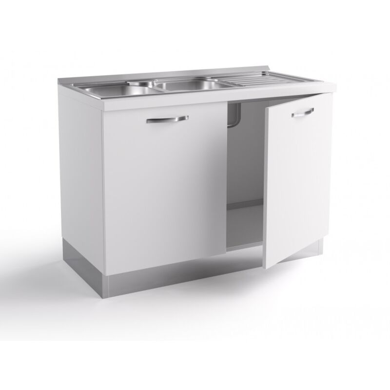 Base d'évier de cuisine 120x60xH84 cm en bois blanc mat avec deux portes - Massa