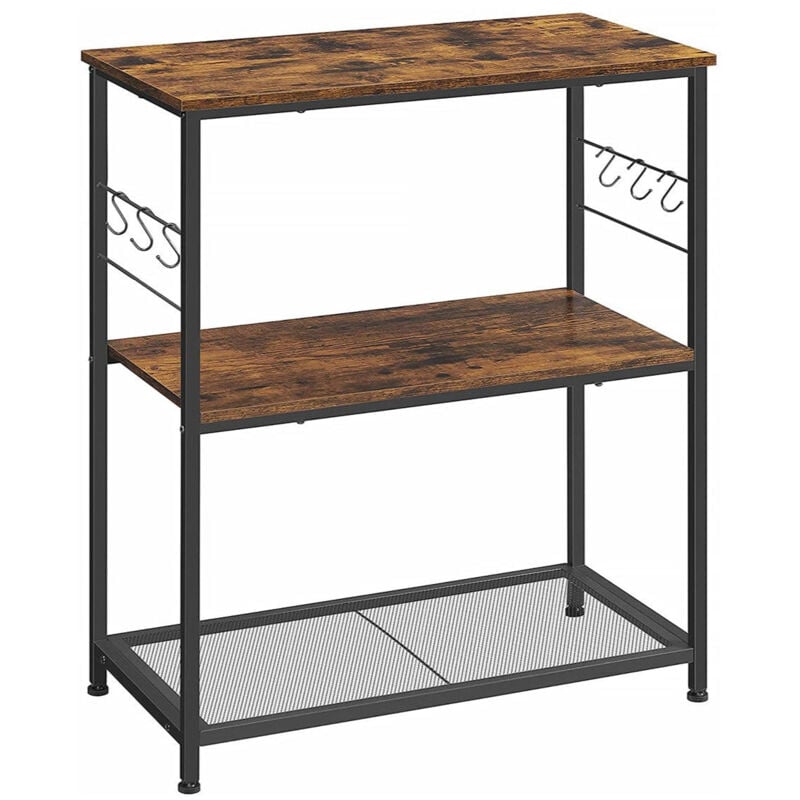 Meuble de cuisine étagère de rangement îlot support four micro-ondes avec 3 étagères ouvertes 6 crochets 80 x 40 x 90 cm style industriel marron