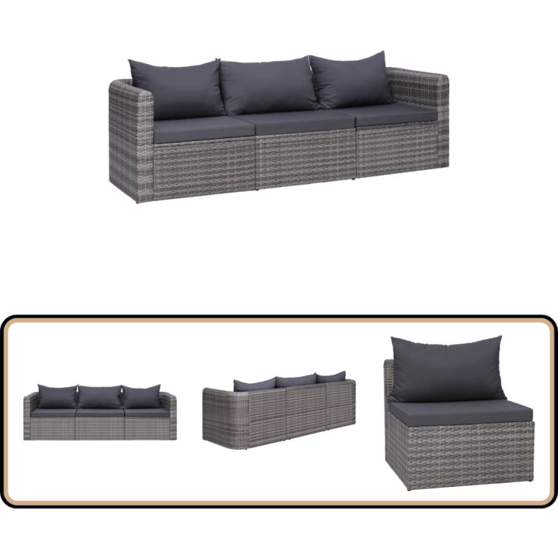 Meuble de jardin 3 pcs avec coussins Gris Résine tressée - Canapé De Jardin - Mobilier De Jardin - Salon De Jardin - Set De Canapé - Résine Tressée