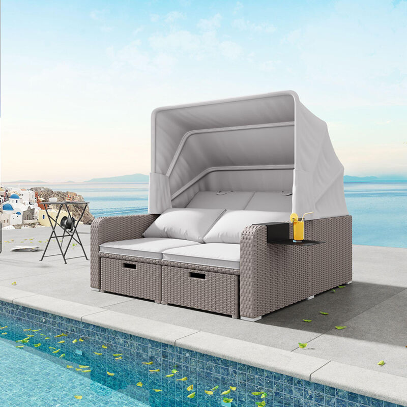 Meuble de jardin en poly rotin pour 2 personnes, auvent amovible,poly rotin et éponge,kaki