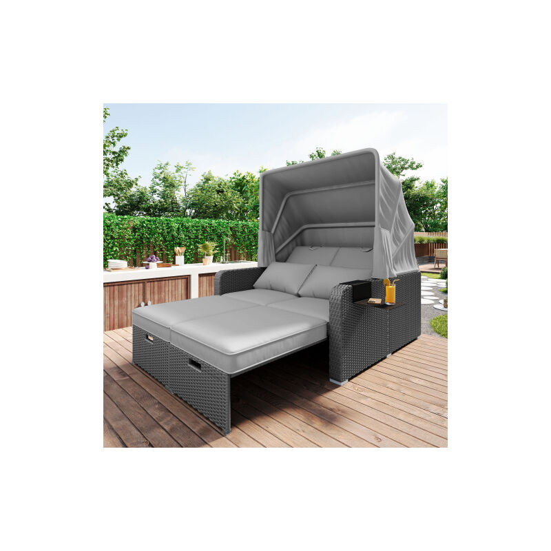 Ineasicer - Meuble de jardin en poly rotin pour 2 personnes, canapé de jardin, canapé lounge, store amovible,poly rotin et éponge,Gris