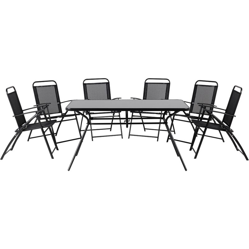 Salon de Jardin Noir composé d'une Table 140 x 80 cm en Acier et Verre Noir et de 6 Chaises Pliables Idéal pour Repas à l'Extérieur Beliani