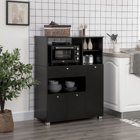Meuble de micro-onde multi-rangements 2 placards 4 niches tiroir coulissant dim. 90L x 40l x 120H cm en bois noir