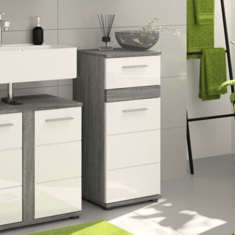 Meuble de rangement 1 porte 1 tiroir gris et blanc brillant - TWYNI