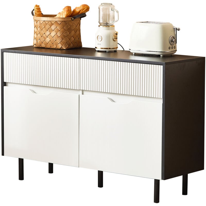 Meuble de rangement 120 cm avec tiroirs nervurés, design noir et blanc, étagères réglables, 2 portes, buffet buffet, organiseur de placard pour