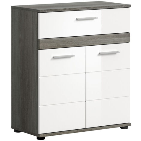 Meuble de rangement 2 porte 1 tiroir gris et blanc brillant - TWYNI