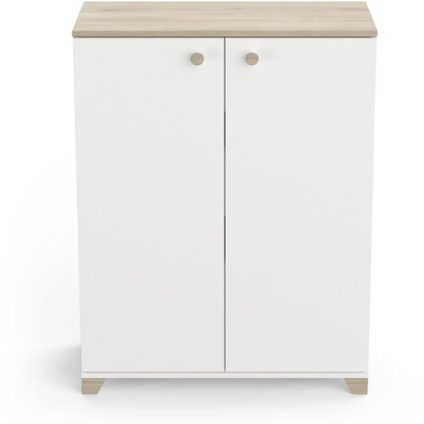 Meuble de rangement 2 portes 2 étagères couleur chêne / blanc mat - Largeur 79,7 x Profondeur 35,1 x Hauteur 104,2 cm