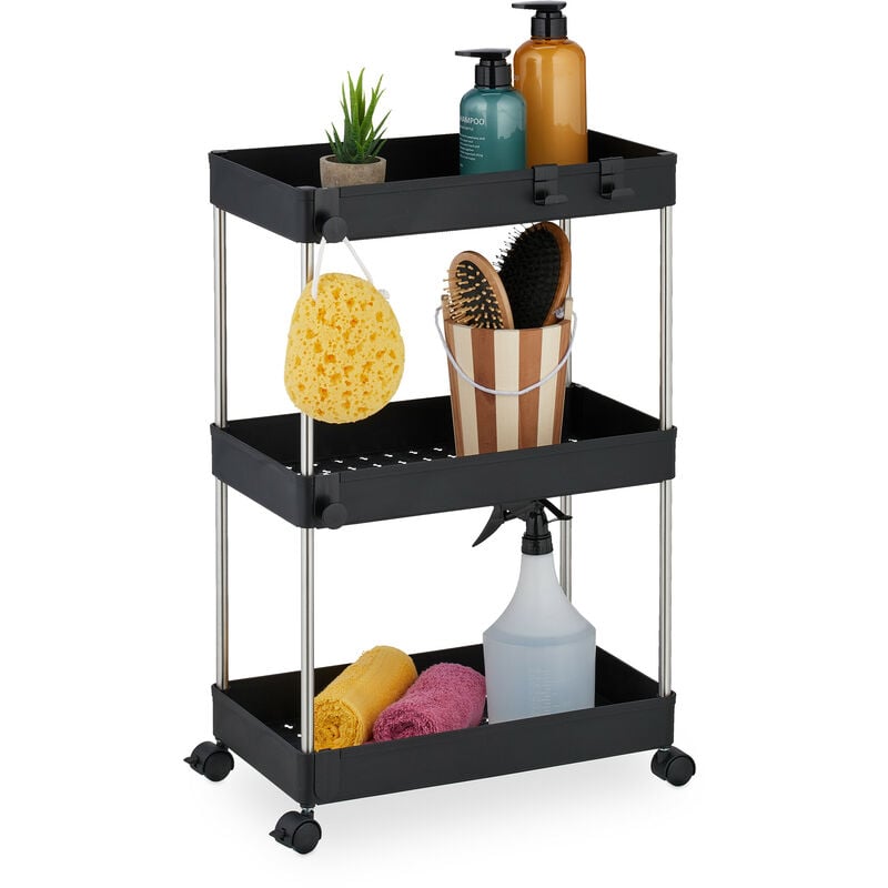 Relaxdays Meuble de rangement, 3 niveaux, H x L x P : env. 62 x 41,5 x 23,5 cm, pour salle bain et cuisine, noir