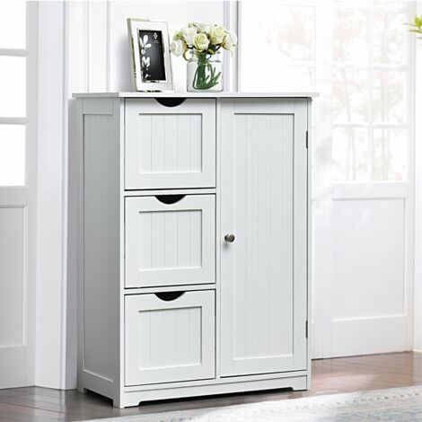 Meuble de Rangement 3 Tiroirs 1 Placard Étagère Réglable Salon Salle de Bain Bureau 60x30x81 cm Blanc