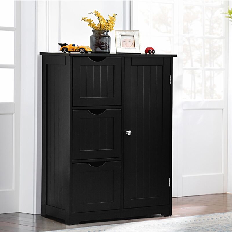 Meuble de Rangement 3 Tiroirs 1 Placard Étagère Réglable Salon Salle de Bain Bureau 60x30x81 cm Noir