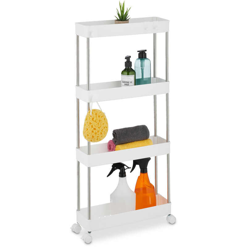 Meuble de rangement, 4 niveaux, acier inoxydable et plastique, 88x41,5x14,5 cm, cuisine & salle bain, blanc - Relaxdays