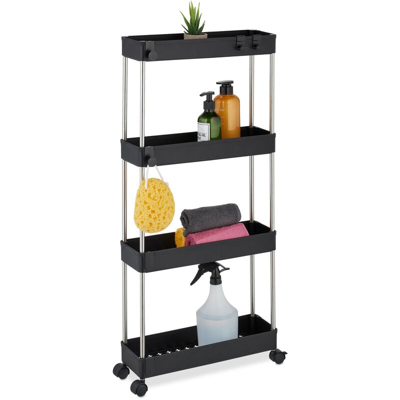 Relaxdays Meuble de rangement, 4 niveaux, acier inoxydable et plastique, 88x41,5x14,5 cm, cuisine & salle bain, noir