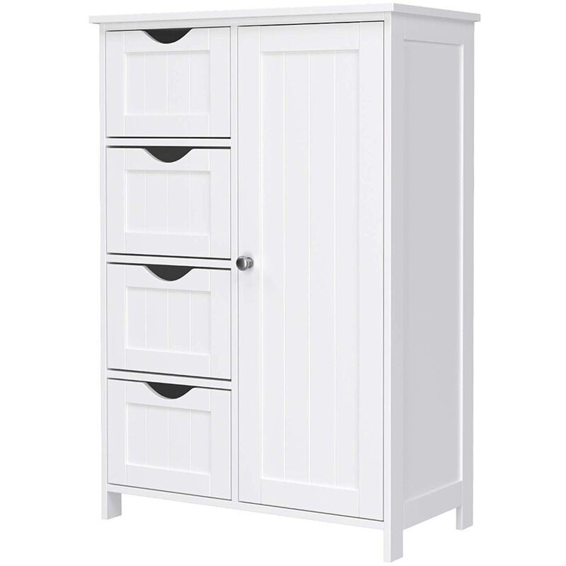 Acaza - Buffet de Salle de Bain en Bois avec 4 tiroirs, Porte d'armoire, étagère réglable, Salon, Cuisine, Couloir, Profond, Pose Libre, Blanc Acaza - Buffet de Salle de Bain en Bois avec 4 tiroirs, Porte d'armoire, étagère réglable, Salon, Cuisine, Couloir, Profond, Pose Libre, Blanc