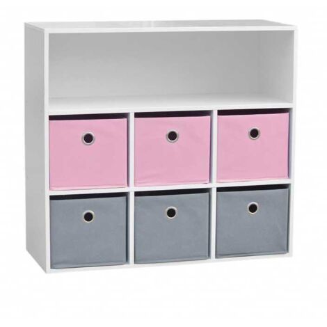 Meuble de rangement - 7 cases - L 76.5 cm x P 29.5 cm x H 70 cm - Gris et rose - Livraison gratuite