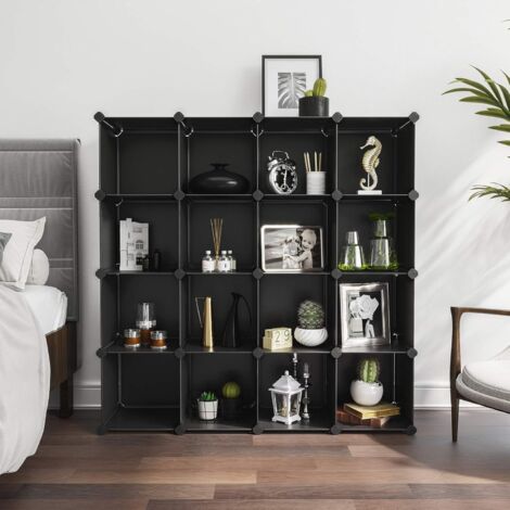 Meuble de Rangement à 16 Casiers, Organiseur DIY, Étagère en Plastique PP, Séparateur de Placard, Range-Chaussures, pour Chambre, Cave, Bureau, Noir/Blanche semi-transparente