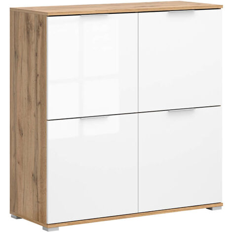 Meuble de rangement à 4 portes coloris Chêne wotan/Blanc brillant - Longueur 104 x Profondeur 41 x Hauteur 106 cm