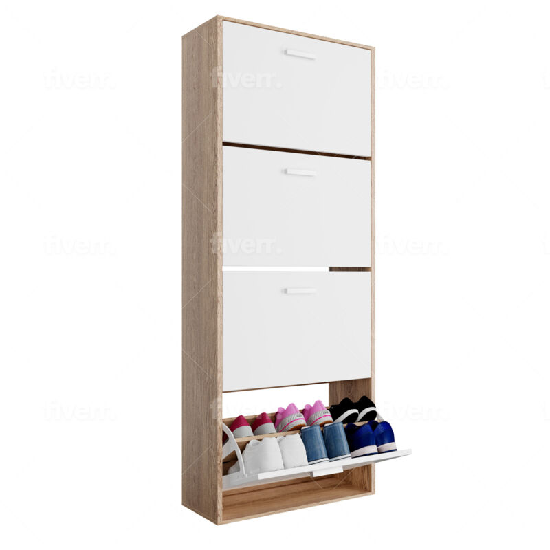 Meuble à chaussures 24 paires – Dimensions L60 x P24 x H150 cm – Bois composite blanc – 4 abattants et étagères ajustables