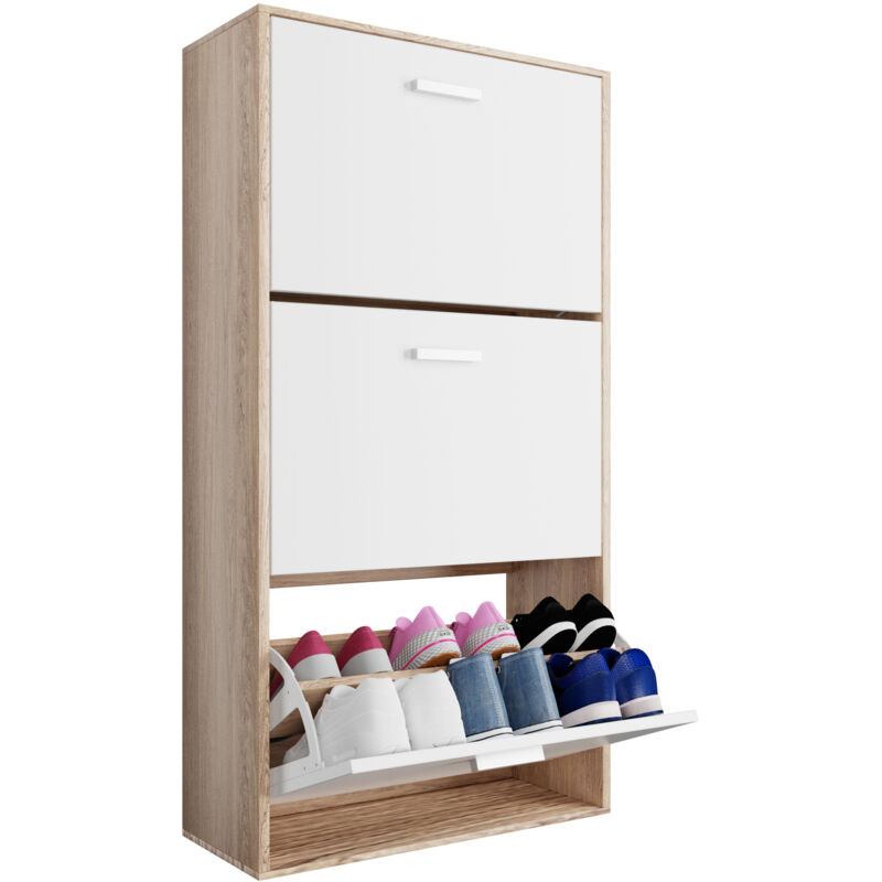 CASABEL Meuble Rangement Chaussure 18 Paires - Pour Entree Couloir - 60x24x113 cm - Blanc Bois Clair