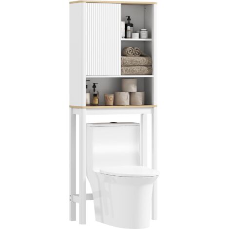 Meuble de rangement au-dessus des toilettes avec porte cannelée, compartiments, étagère réglable, 65x25x170cm, blanc