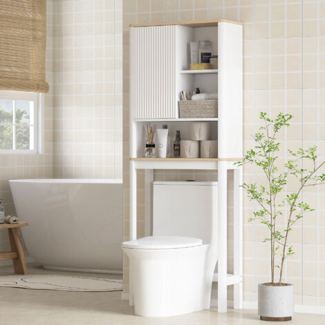 Meuble de rangement au-dessus des toilettes avec porte cannelée, compartiments, étagère réglable, 65x25x170cm, blanc