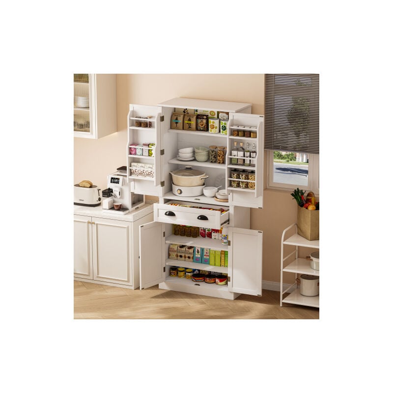 Meuble de rangement avec 4 portes, tiroir, étagères réglables, 6 compartiments de rangements, pour cuisine, salle à manger et salon, blanc