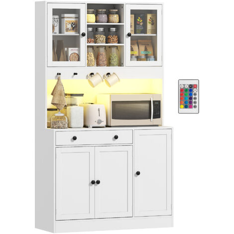 Meuble de rangement avec éclairage LED, placards et tiroir, portes vitrées, télécommande inclus, blanc
