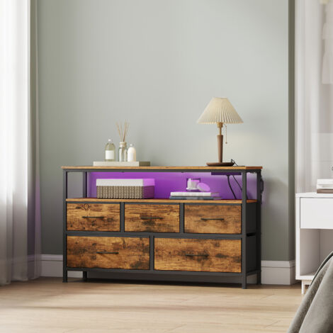Meuble de Rangement avec LED Réglable et Multiprise, 5 Tiroirs en Tissu, Style Moderne, Chambre, Marron et Noir