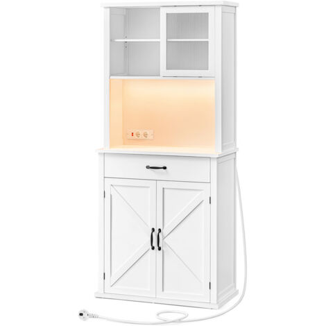 Meuble de Rangement avec Lumières et Chargeur, Placard de Cuisine, avec Portes et Tiroirs, Buffet, Meuble à café, Étagères Réglables, Style Campagne, Blanc Nuage