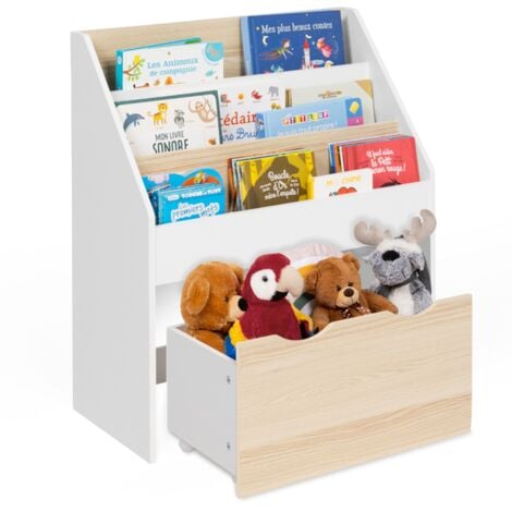 IDMARKET Meuble de rangement bibliothèque enfant MANA 3 étagères et 1 bac sur roulettes blanc et hêtre