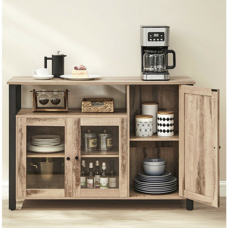 Buffet avec 3 Portes, 110 x 33 x 75 cm, Style Rustique, Marron Boisé et Noir