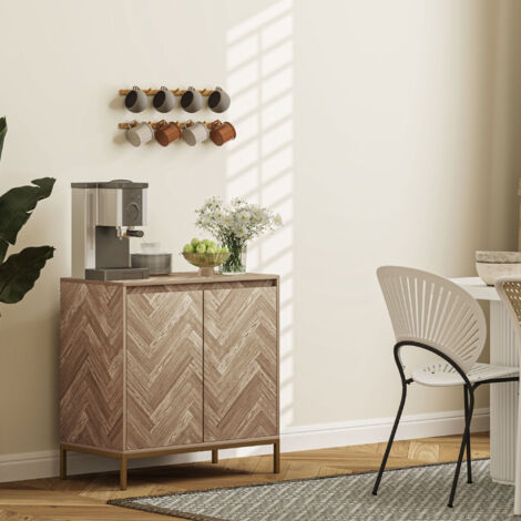 Meuble de rangement buffet avec 2 portes à chevrons, étagère réglable et pieds en acier, dim. 78 x 40 x 78 cm, chêne