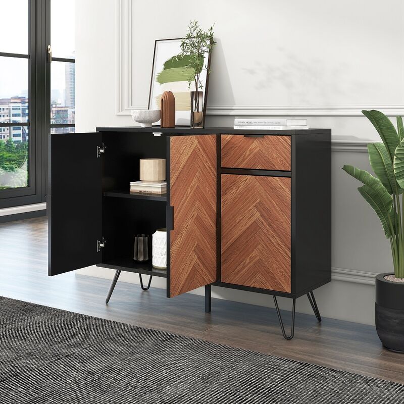 meuble de rangement, buffet, avec placard 2 portes 90 x 72 x 30 cm style industriel, bois et noir - noir # couleur bois