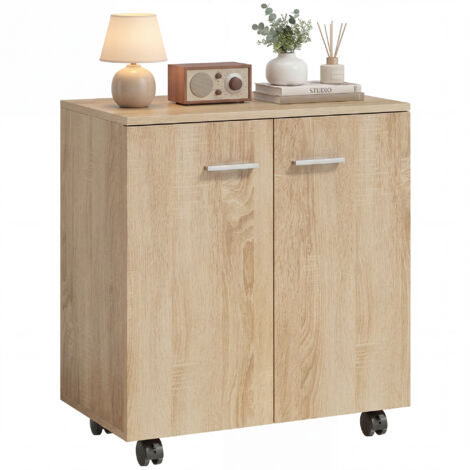 Meuble de Rangement Buffet bas sur roulettes avec 2 Portes étagère Interne 60 x 35 x 65 cm naturel