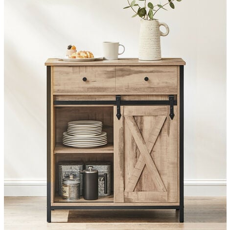 SONGMICS Meuble de Rangement, Buffet de Cuisine avec Porte Coulissante, 70 x 30 x 80 cm, Étagère Réglable, Style Campagnard, Marron Boisé et Noir