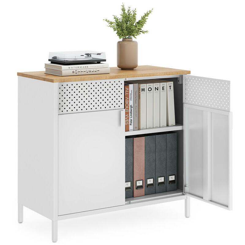 Meuble de Rangement, Buffet, en Métal, Double Porte, Fermeture Magnétique, Cadre en Acier, Couleur Boisée et Blanc - Songmics