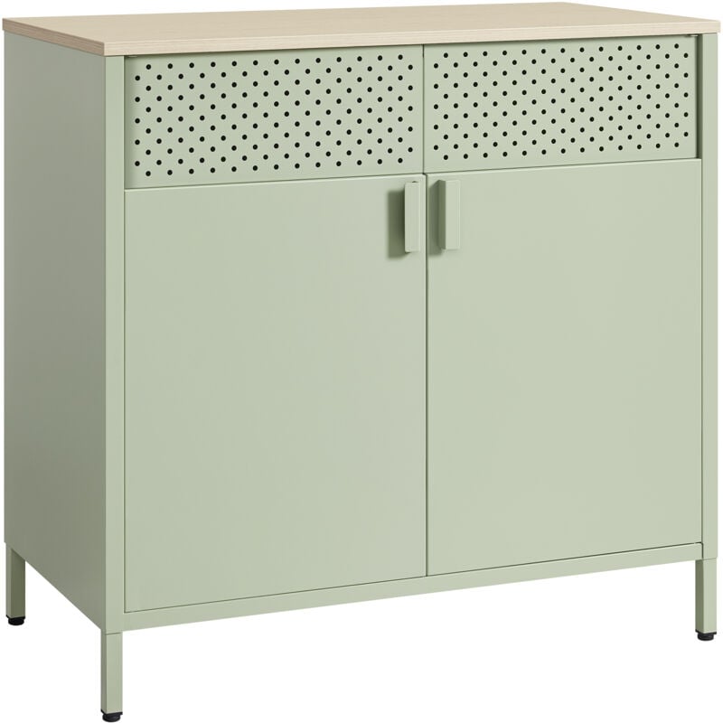 Meuble de Rangement, Buffet, en Métal, Double Porte, Fermeture Magnétique, Cadre en Acier, 40 x 80 x 76 cm, Vert Laurier et Couleur Chêne Naturel