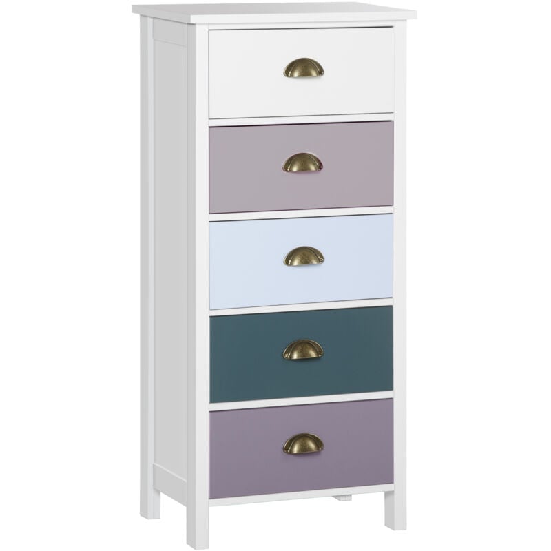 Meuble de rangement chiffonnier style néo-rétro 5 tiroirs poignées coquilles mdf blanc bleu gris
