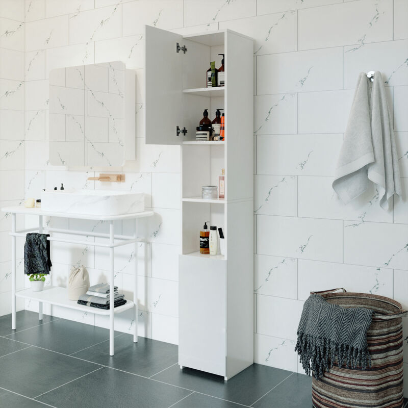 Mondeer – Colonne de salle de bain haute 184cm – 2 portes brillantes – 6 compartiments réglables – Panneau de particules E1 blanc