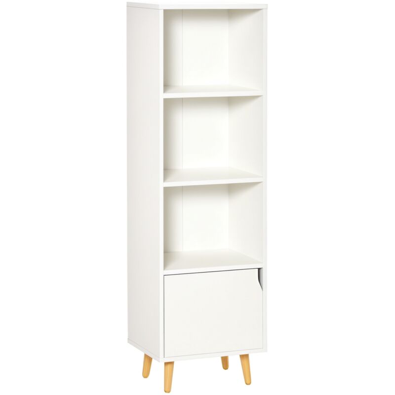 Meuble de rangement colonne design scandinave - 3 niches, placard porte - piètement effilé incliné bois pin panneaux particules blanc