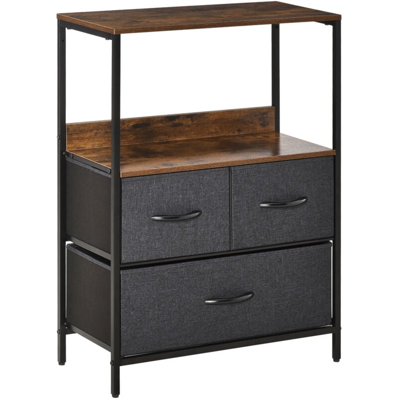 Meuble de rangement commode 3 tiroirs étagère plateau acier noir mdf effet bois vieilli non tissé gris