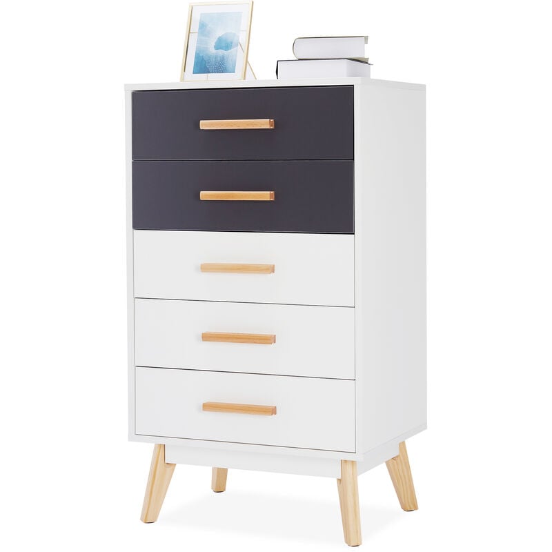 Meuble de Rangement-Commode à 5 tiroirs, Pour Chambre à coucher, Salon, Couloir, Bureau，Blanc et Gris-Meerveil