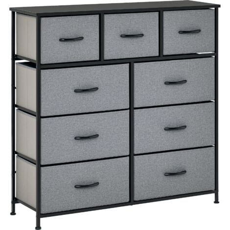 HOMCOM Meuble de rangement commode 9 tiroirs plateau acier MDF non tissé noir gris