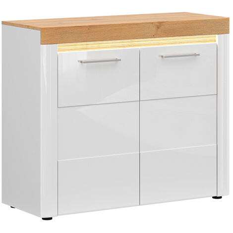 Meuble de rangement commode à 2 portes avec éclairage LED coloris Chêne doré/Blanc haute brillance - Longueur 106,5 x Profondeur 42 x Hauteur 90 cm