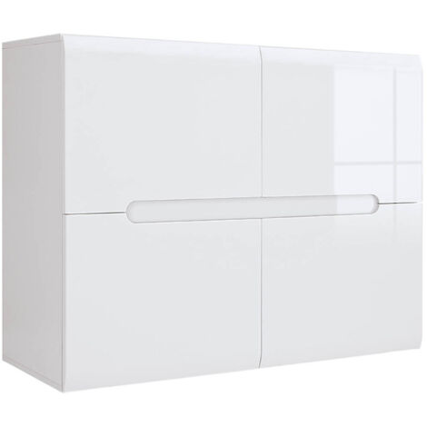 Meuble de rangement commode à 4 portes,coloris Blanc/Blanc haute brillance - Longueur 105 x Profondeur 41 x Hauteur 84 cm