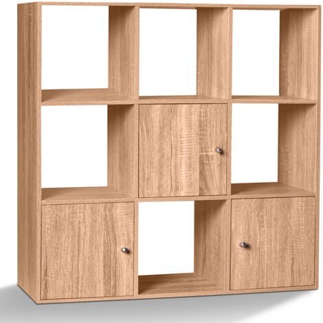 main image of "Meuble de rangement cube RUDY 9 cases bois façon hêtre avec 3 portes"