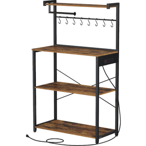 Meuble de Rangement Cuisine avec Étagère Réglable, 8 Crochets, Bar à Café, 4 Niveaux, Marron et Noir