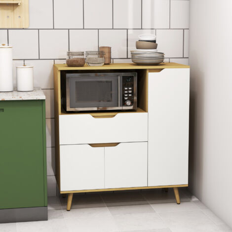 Meuble de rangement cuisine pour micro-ondes. 1 tiroir. 2 placards une étagère. 90 x 40 x 98.5 cm. bois et blanc